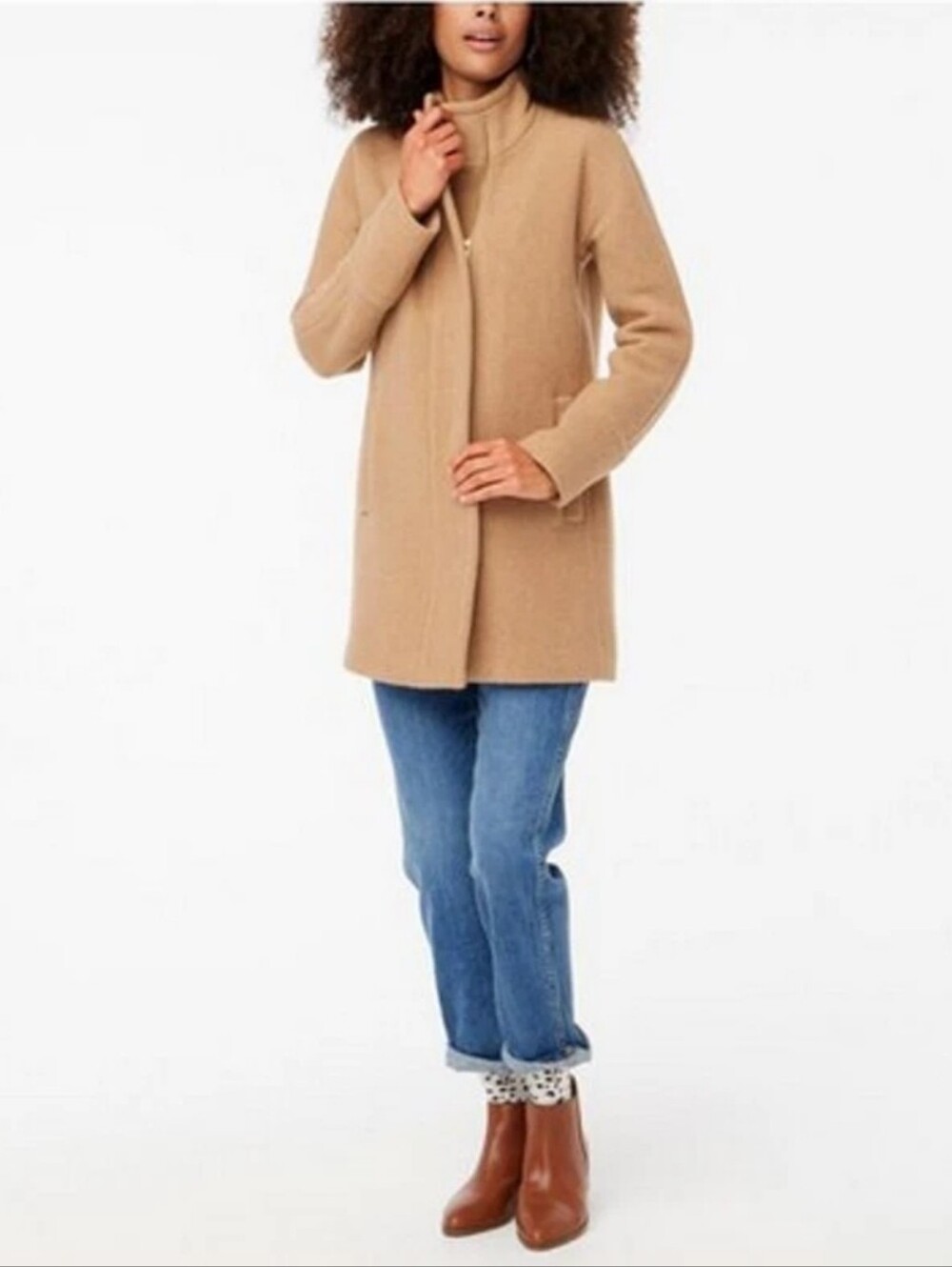 J. Crew City Coat Wool Blend Funnel Neck Camel Tan Jacket Zip  Preppy Minimalist